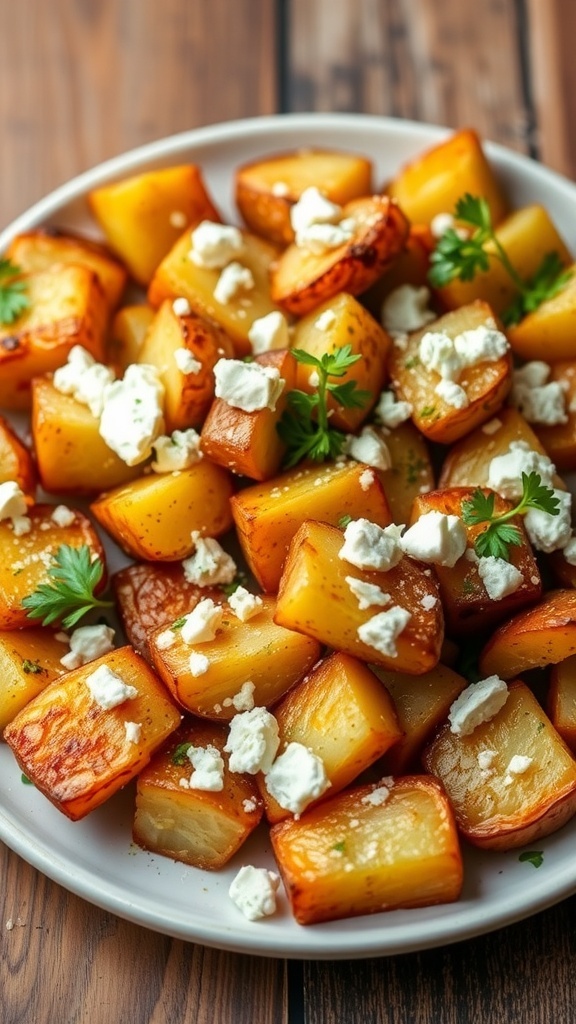 Oven-baked feta potatoes with crumbled feta and parsley on a rustic plate.